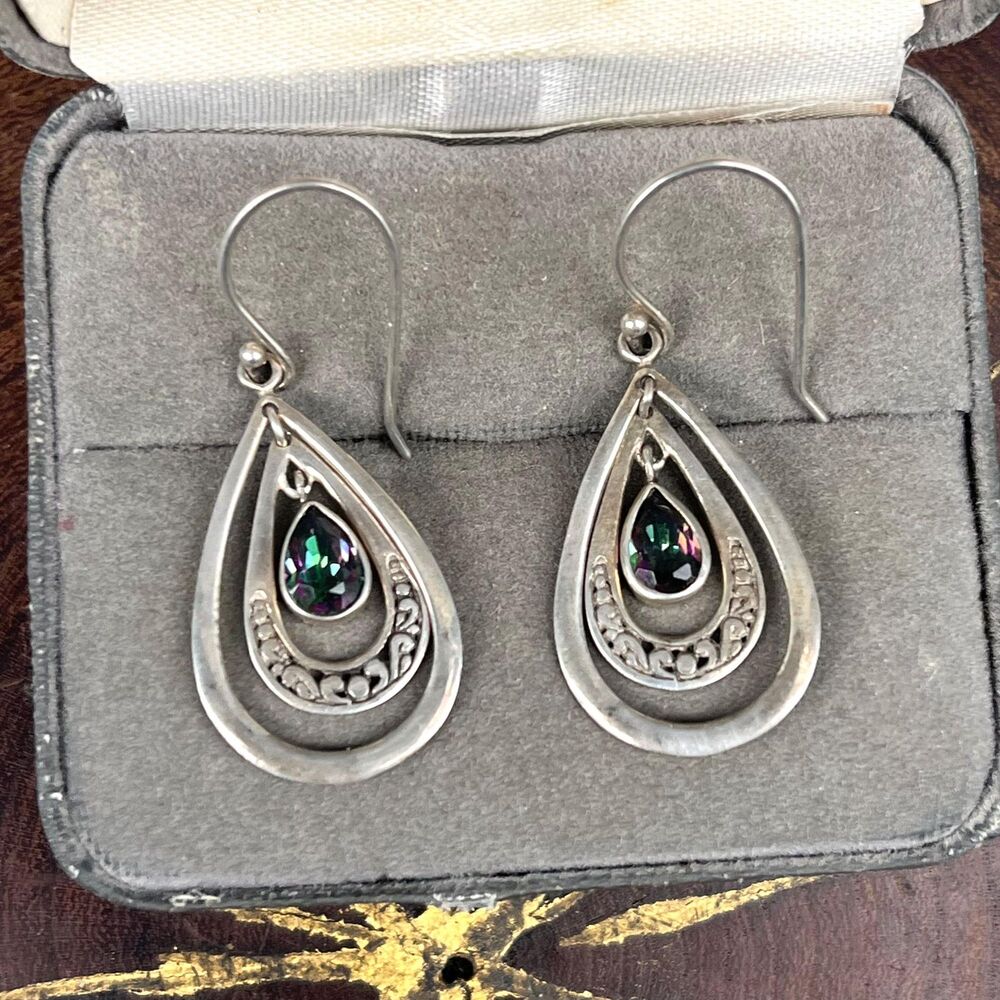 Sterling Silver Mystic Topaz Dangle Earrings Vintage Jewelry